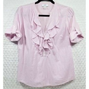 Ann Taylor Loft Women's Petite Shirt Size MP Ruffled Button V-Neck Pink Stripes